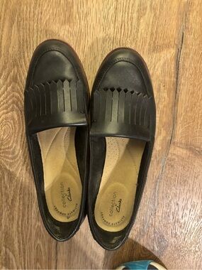 Clarks Black Fringe Leather Loafers